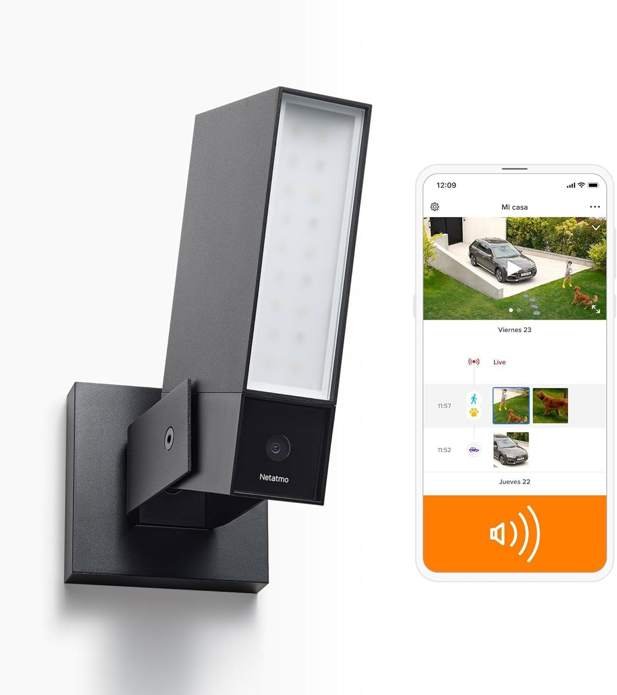 Netatmo Telecamera WiFi esterna NOC S AMZ - Video 1080P 4 MP e visione notturna - Sirena 105 dB con luce integrata 12 W - Rilevamento persone animali veicoli