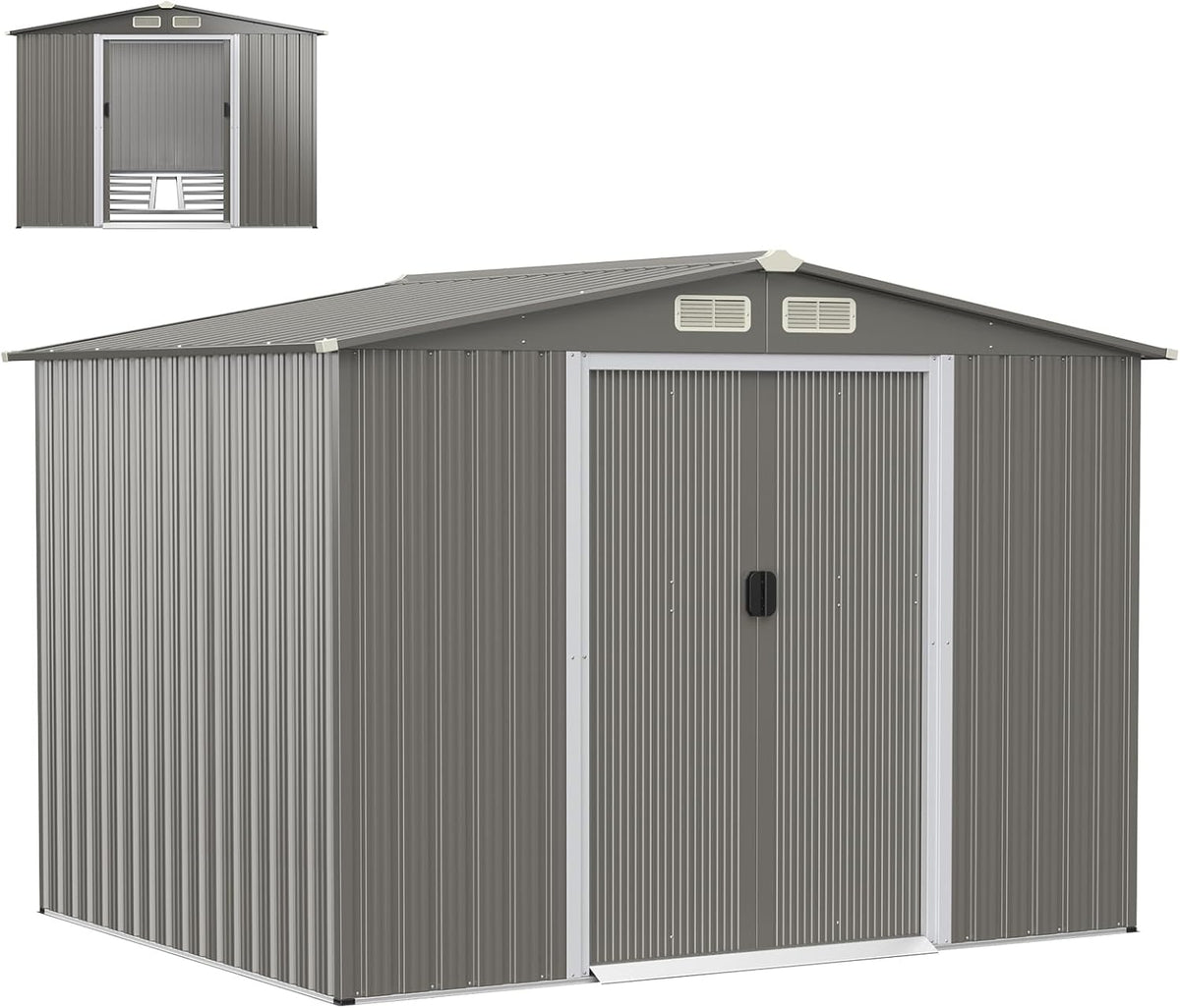 HOMASIS Casetta da giardino in metallo 9,7 m3 - Acciaio zincato grigio chiaro - 4 finestre e 2 porte scorrevoli - Tetto a 2 falde 260 x 207 x 180 cm