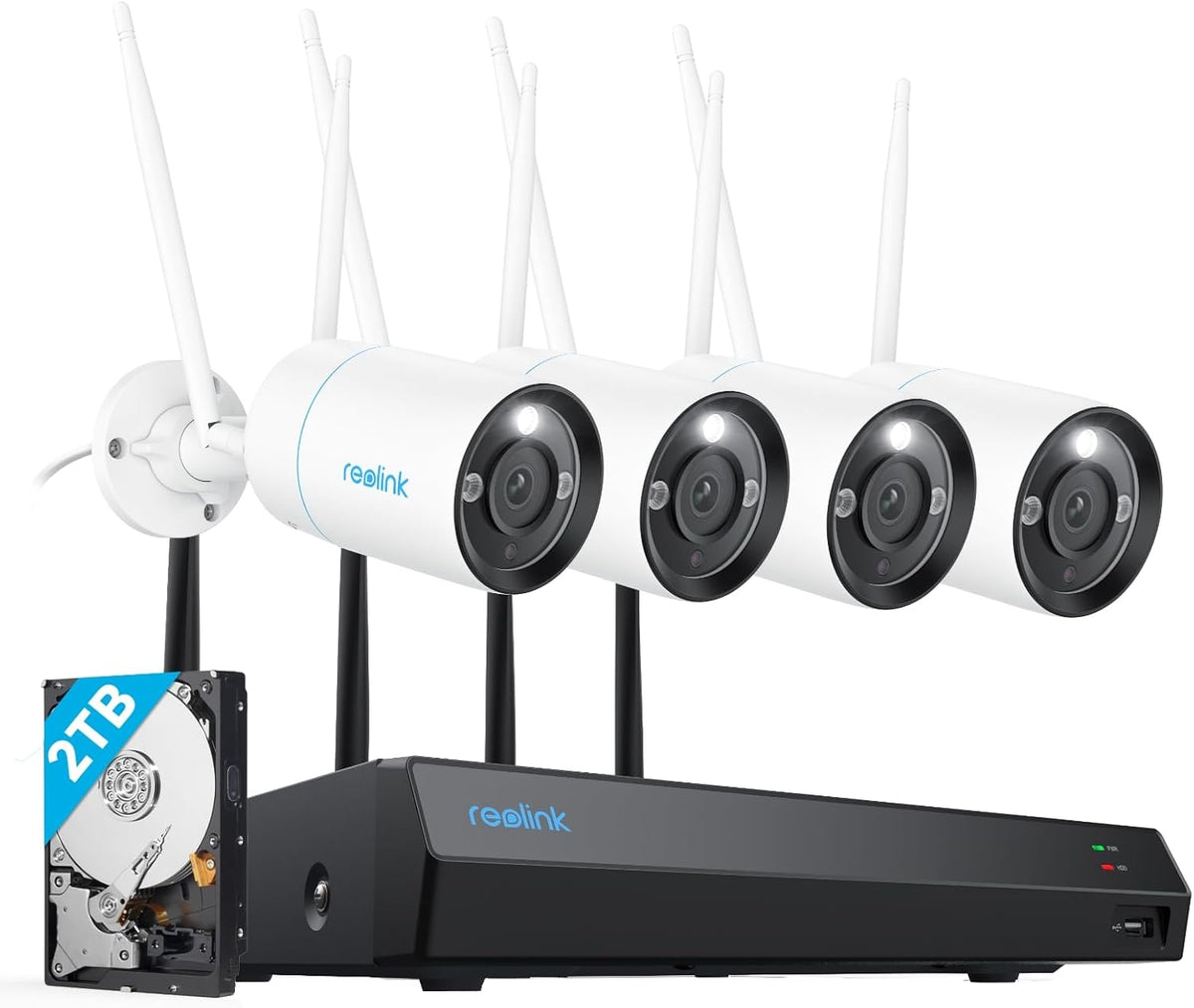 Reolink RLK12-800WB4 Kit Videosorveglianza 4K WiFi 6 - 4 Telecamere Esterne Dual Band - NVR WiFi 12 Canali con HDD 2 TB - Audio Bidirezionale e Visione Notturna Colori