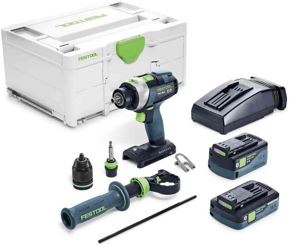 Festool QUADRIVE TPC 18 Trapano Avvitatore a Percussione - Batteria con Configurazione 5,0 e 4,0 Ah - Velocità fino a 3600 giri min - Modello TPC 18 4 I-Plus