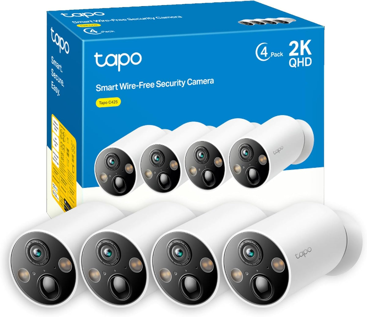Tapo C425 Kit 4 Telecamere WiFi 2K 4 MP - Batteria con Base Magnetica e Installazione Senza Hub - Visione Notturna Colori e Audio Bidirezionale - IP66 Allarme Movimento