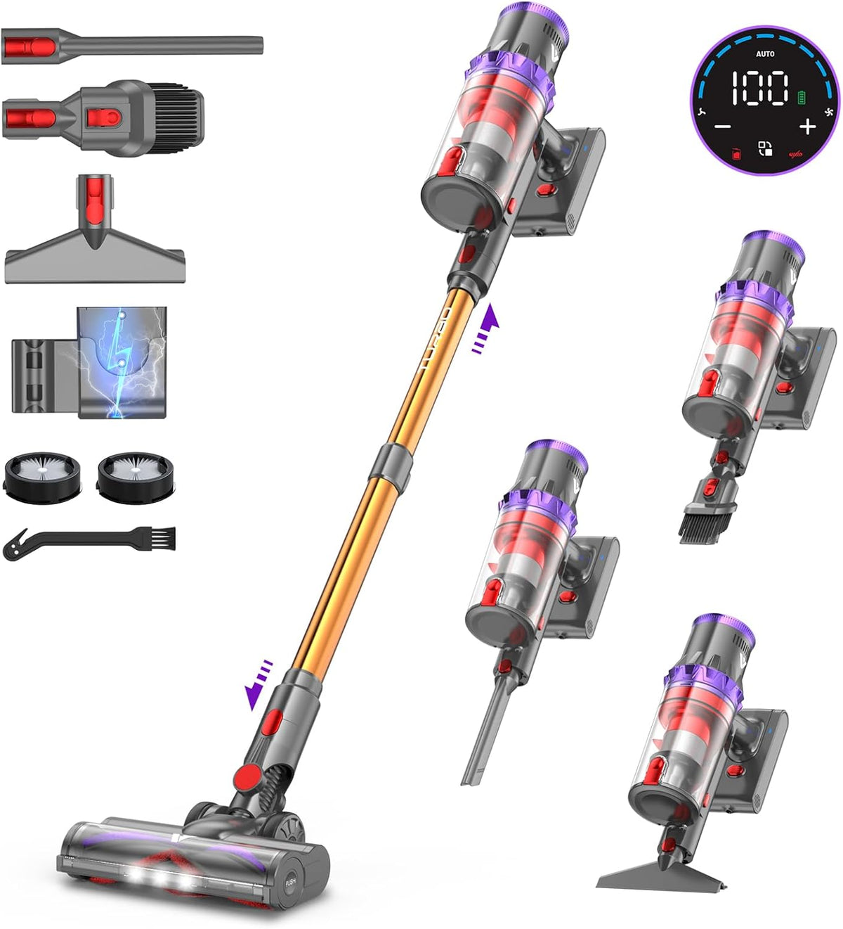 coovy SU7 Aspirapolvere senza filo 580 W - Aspirazione 55000 Pa e autonomia fino a 75 minuti - Touchscreen LED e sistema anti groviglio - Filtro HEPA per tappeti pavimenti e peli animali