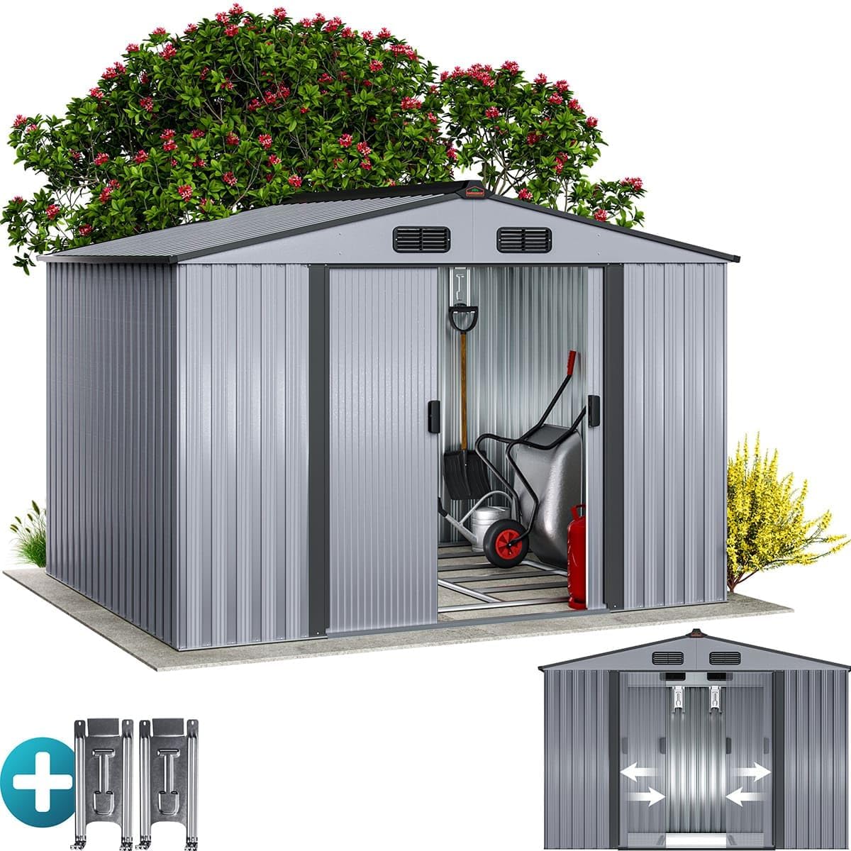 Casetta da Giardino GARDEBRUK in Metallo - Capanno Porta Attrezzi Esterno 5 m2 con Base - Struttura in Lamiera Zincata 260x205x180 cm Grigio