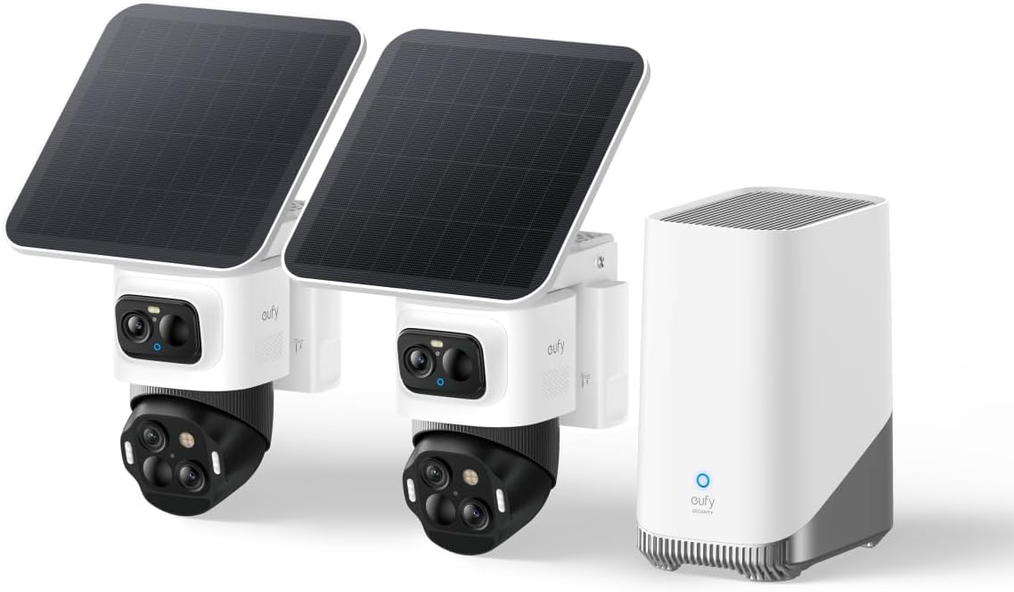 eufy Security eufyCam S4 Kit 2 Telecamere - Video 4K con Sistema Bullet PTZ a 3 Obiettivi - Panoramica 360 Gradi Auto Tracking - Zoom Ibrido 8X e Visione Notturna Colori