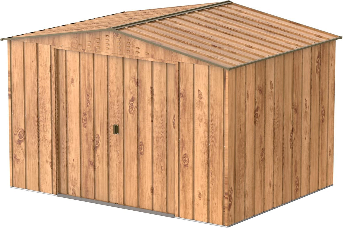 Duramax Top 10 x 8 Casetta da giardino in metallo - Finitura marrone con venatura del legno - Struttura resistente alle intemperie - Dimensioni 322 x 233 x 209 cm