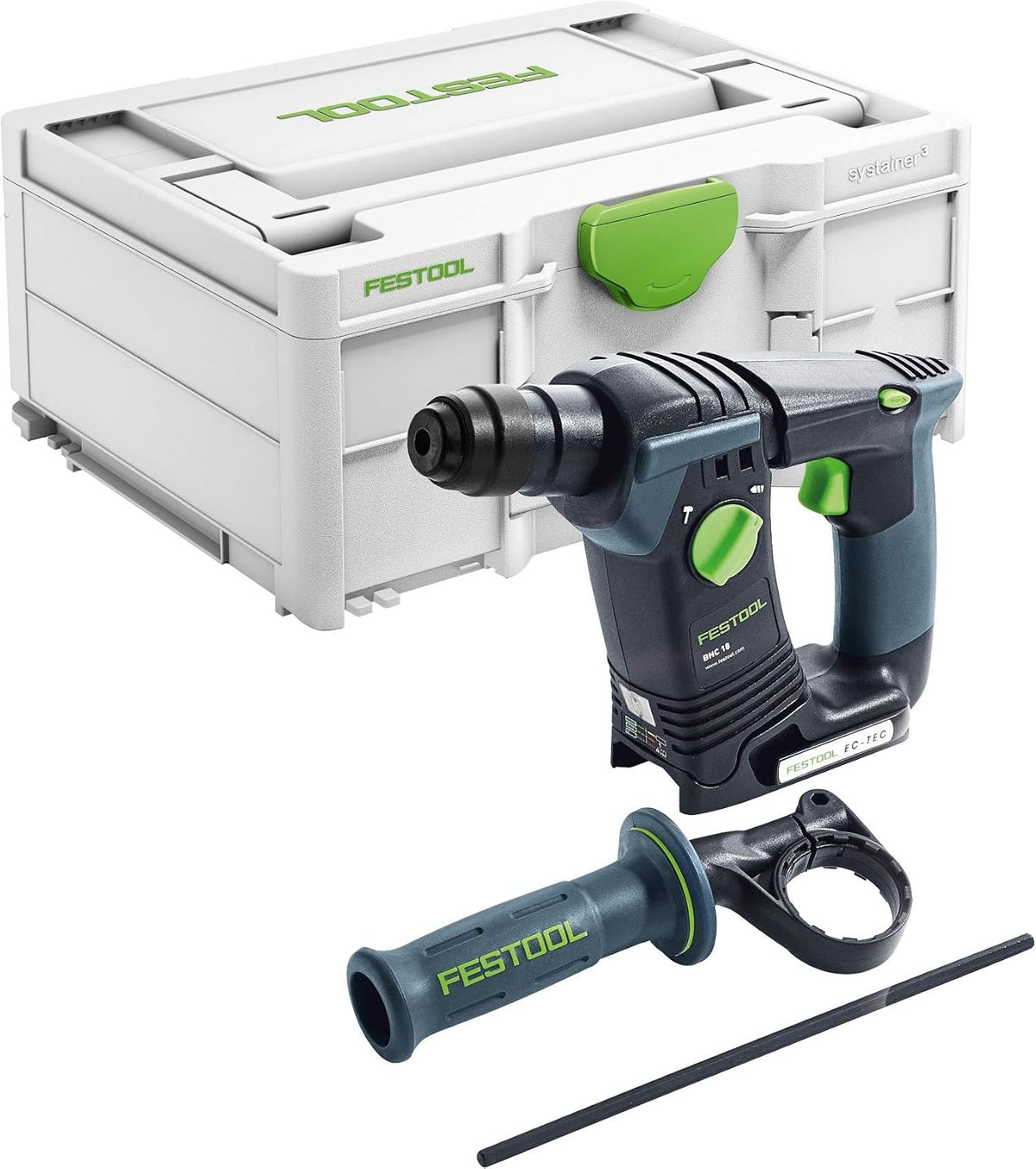 Festool BHC 18 Basic Martello perforatore a batteria - Velocità fino a 1500 giri min e coppia 25 Nm - Impugnatura e arresto profondità - Systainer SYS3 M 187 senza batteria