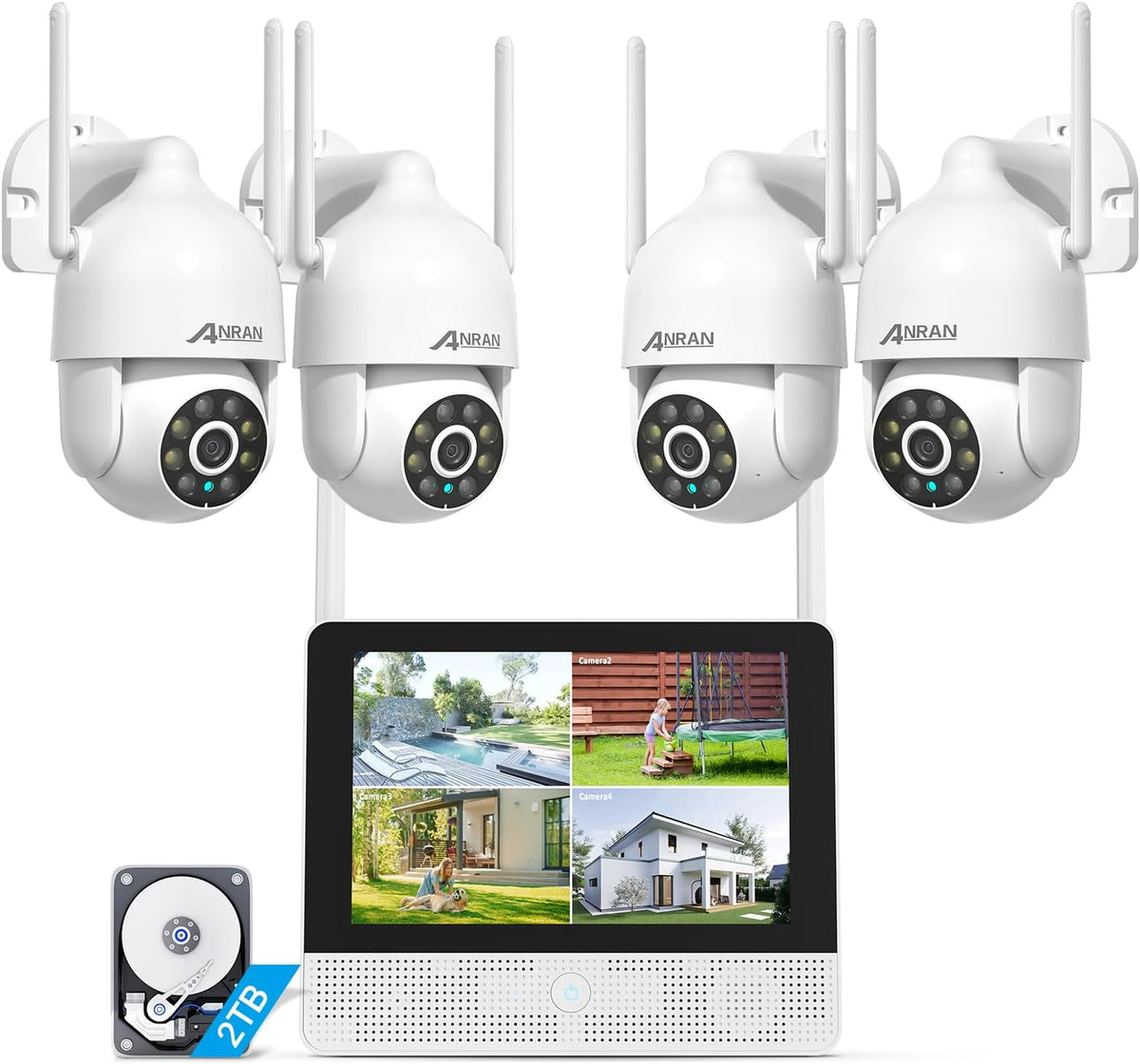 ANRAN P2 Kit Videosorveglianza WiFi 6 3K - Monitor 10,5 Pollici e NVR 8 Canali con HDD 2 TB - 4 Telecamere PTZ 5 MP con AI - Auto Tracking IP67 e Registrazione Continua