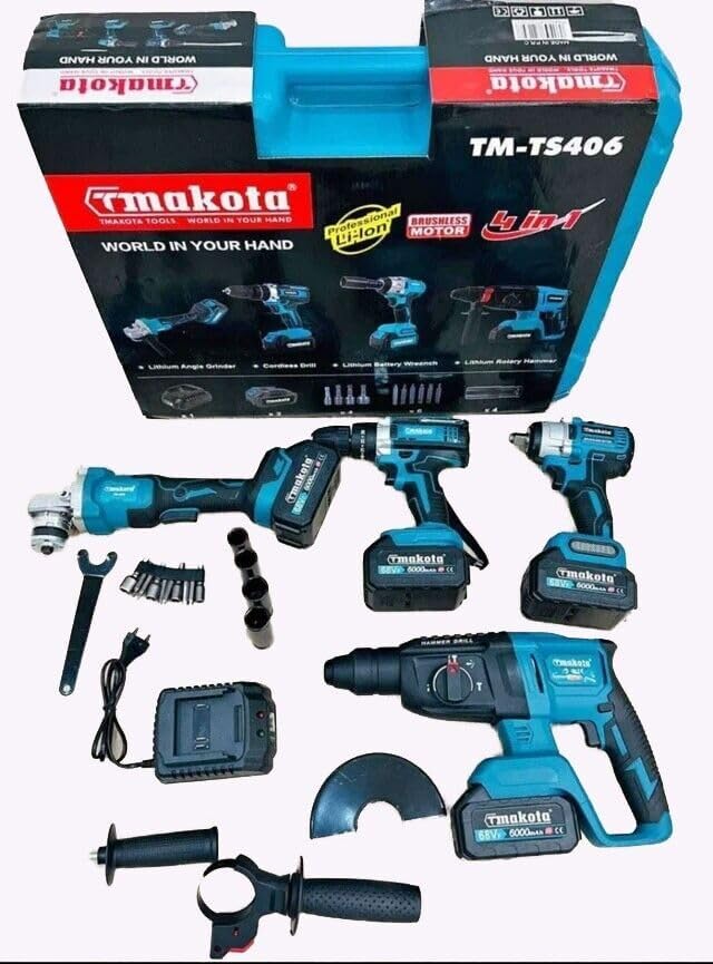 Makota Kit Elettroutensili 4 in 1 - Avvitatore Trapano a Impulsi Smerigliatrice e Tassellatore - Batteria agli Ioni di Litio - Coppia fino a 350 Nm