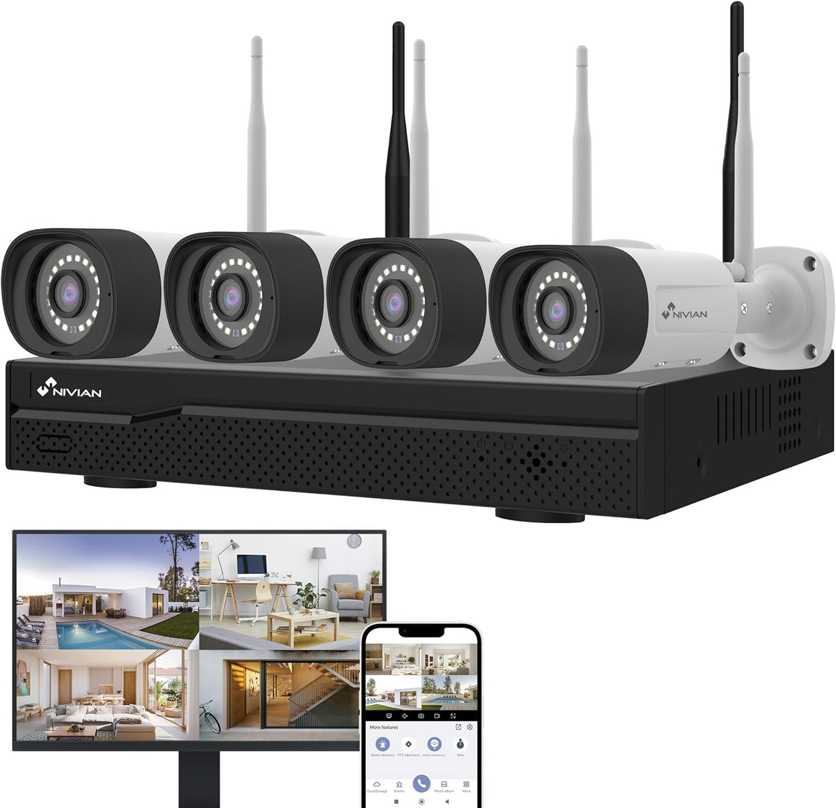 NIVIAN Kit videosorveglianza WiFi 2K professionale - 4 telecamere IP con NVR e registrazione continua - IA rilevamento umano e visione notturna - Audio HDMI e app EseeCloud