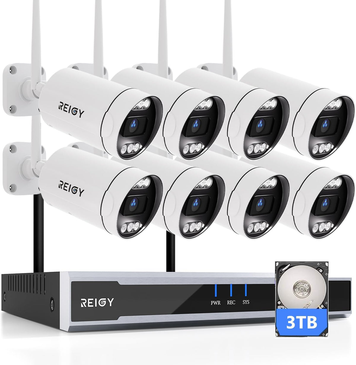 REIGY Kit videosorveglianza WiFi 5MP - NVR 16 canali con HDD 3 TB e 8 telecamere 1920P - Sistema cablato e wireless per esterni - Audio bidirezionale impermeabile