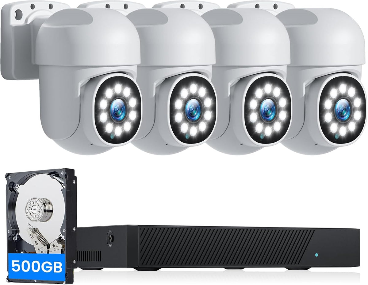 CAMCAMP SC36 Kit videosorveglianza PoE 5MP - NVR 8 canali con HDD 500 GB e 4 telecamere - Visione notturna a colori fino a 30 m - PTZ audio bidirezionale e IP66