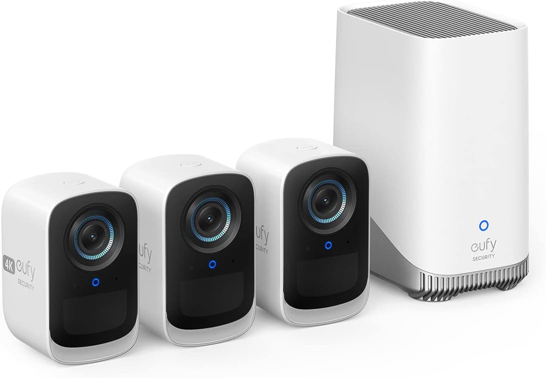 eufy Security eufyCam S300 3C Kit 3 telecamere - Video 4K wireless per esterni - Visione notturna a colori - Sistema WiFi senza costi mensili per monitoraggio domestico