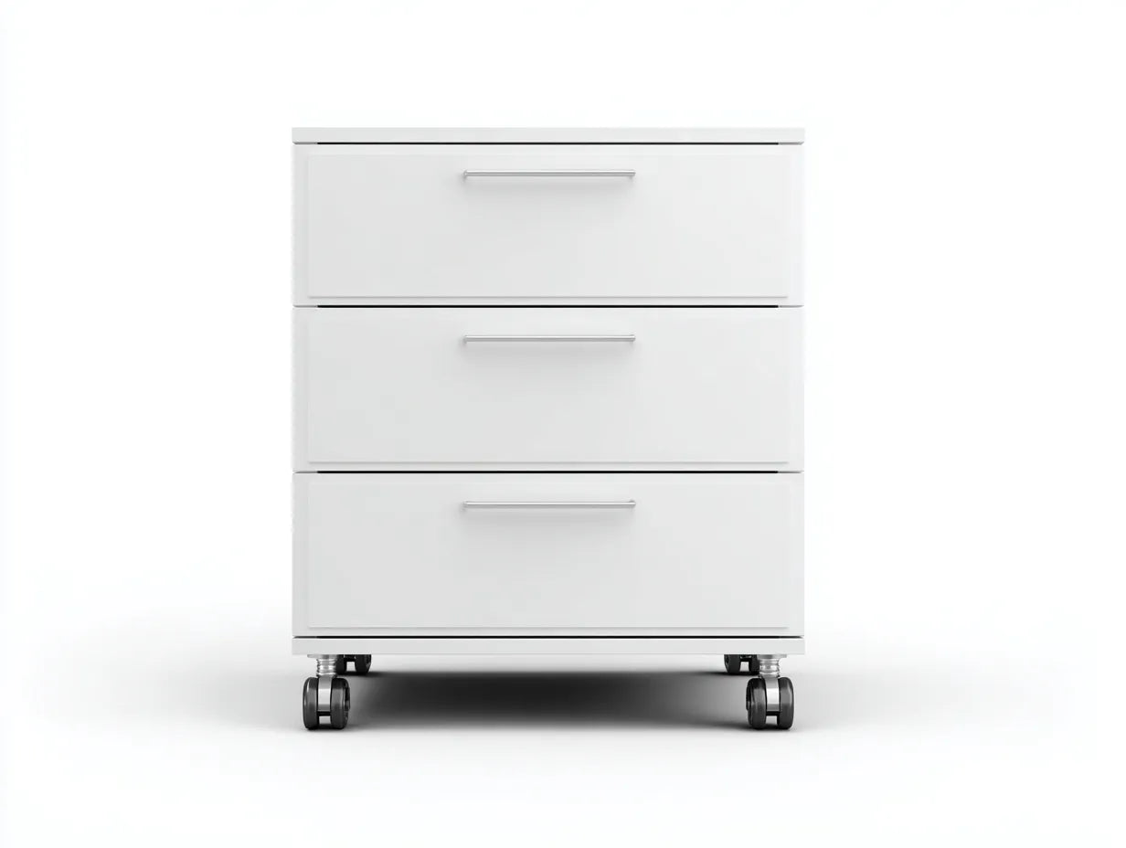 Cassettiera ufficio con 3 cassetti e ruote in finitura bianco opaco 45 x 52 x 67 cm - bianco opaco e argento - per studio e ufficio - stile minimale contemporaneo