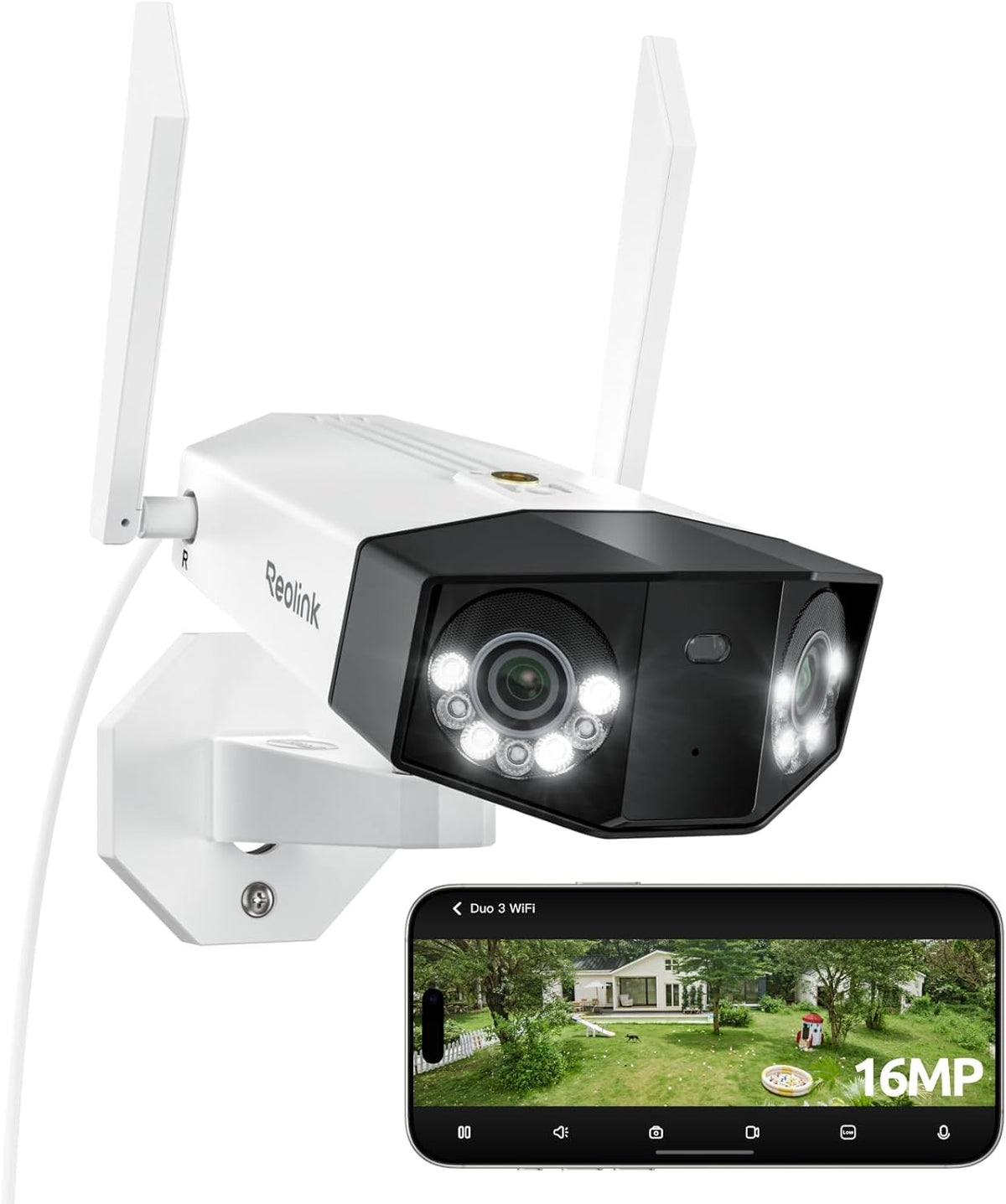 Reolink Duo 3 WiFi Telecamera 16 MP - Vista Panoramica 180 Gradi con WiFi 6 Dual Band - Rilevamento Persone Veicoli Animali - Registrazione Continua e Audio Bidirezionale