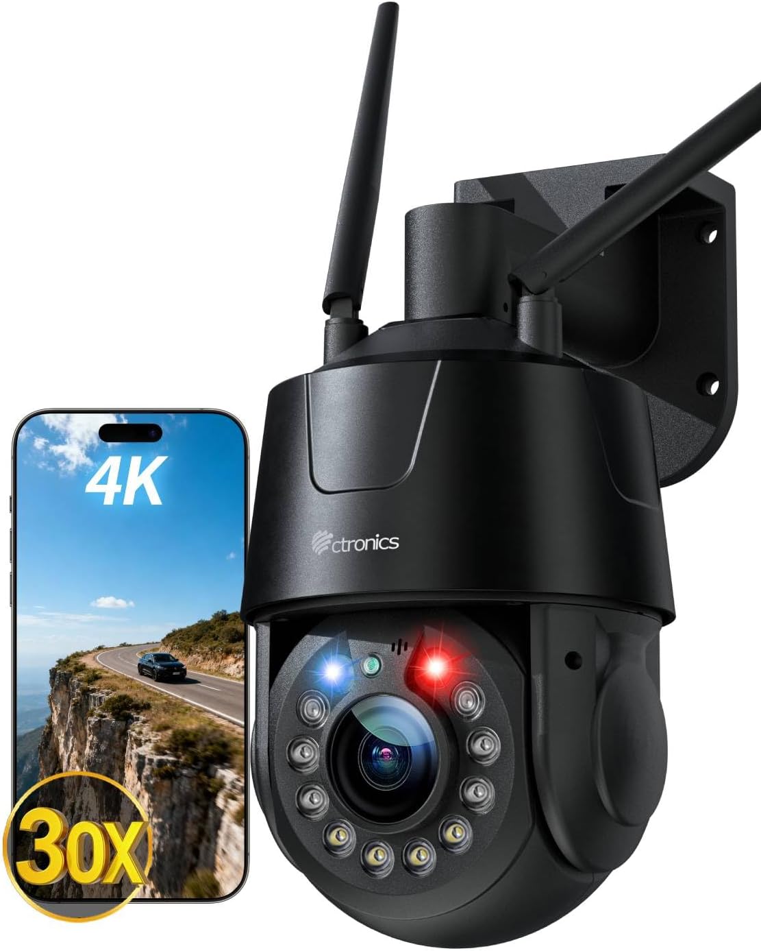 Ctronics 550C-Z30B-4K Telecamera PTZ 4K - Zoom Ottico 30X con Auto Tracking e 32 Preset - Visione IR 150 m Colori 50 m - WiFi Dual Band Sirena SD 256 GB