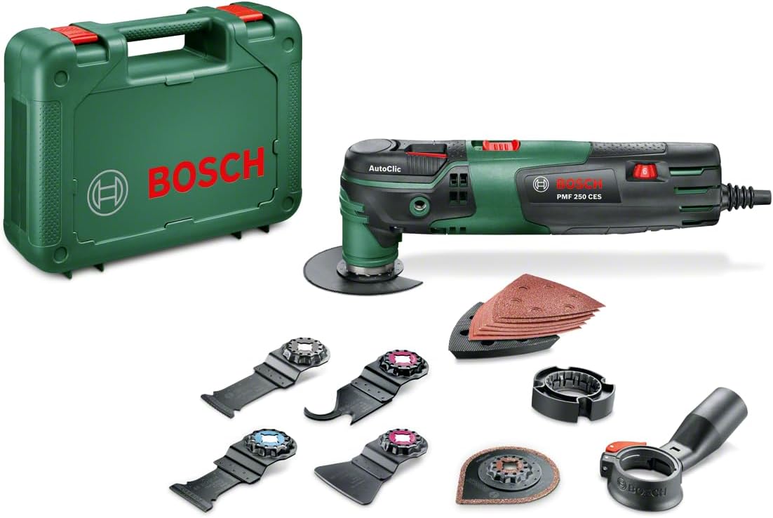 Bosch PMF 250 CES Utensile Multifunzione - Alimentazione 230 V con Cavo - Per Taglio Levigatura Raschiatura Fresatura e Lucidatura - Set Verde per Fai da Te