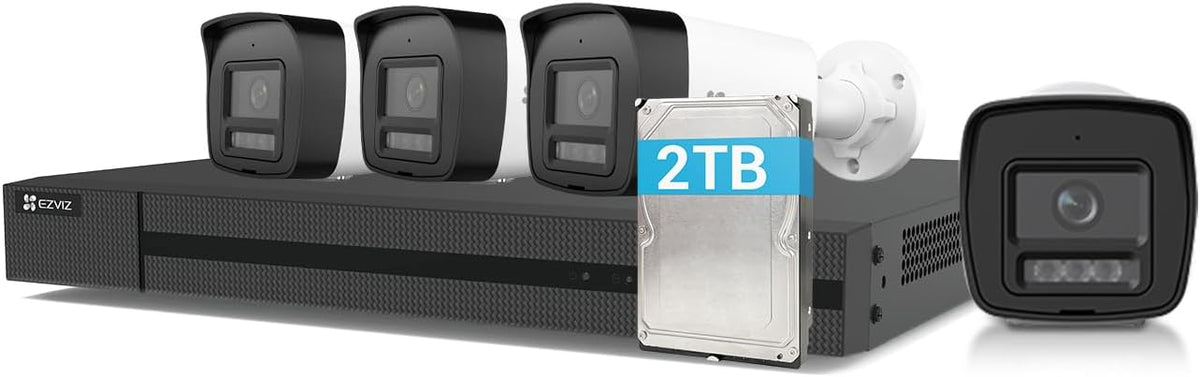 EZVIZ Kit Videosorveglianza PoE 4K - NVR 4 Canali con Supporto fino a 16 TB e 4 Telecamere 8 MP - Rilevamento Persone Veicoli - IP67 Visione Notturna Colori
