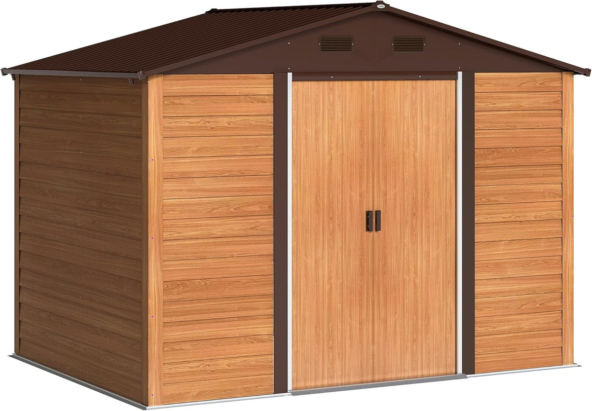 Outsunny Casetta da giardino 4,84 m2 - Acciaio zincato effetto legno marrone - Doppie porte scorrevoli bloccabili e prese d aria - Tetto inclinato con fori drenaggio