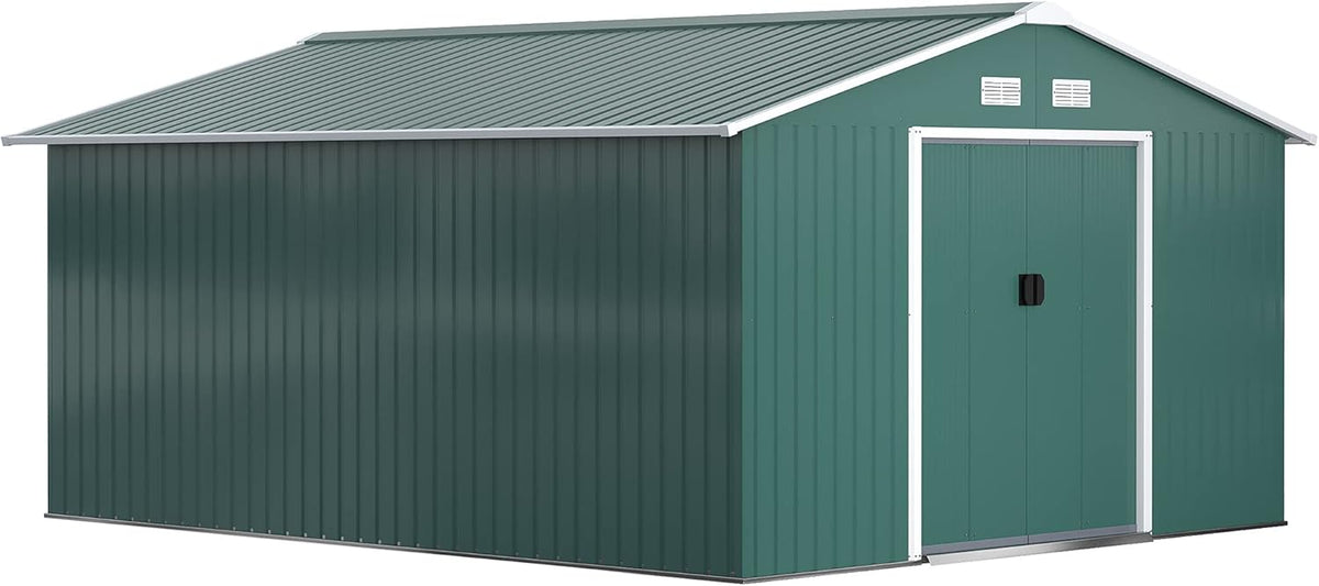 Outsunny Casetta da giardino 12,4 m2 - Lamiera d acciaio verde scuro con fondazione - 4 prese d aria e 2 porte scorrevoli - Capanno porta attrezzi di grande formato
