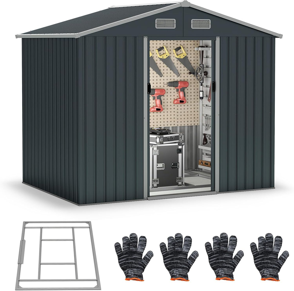 Capanno da Giardino COSTWAY in Metallo Zincato - Casetta Porta Attrezzi Esterna 3,66 m2 - Tetto Spiovente con Porte Scorrevoli e Base 235x171x196 cm Grigio