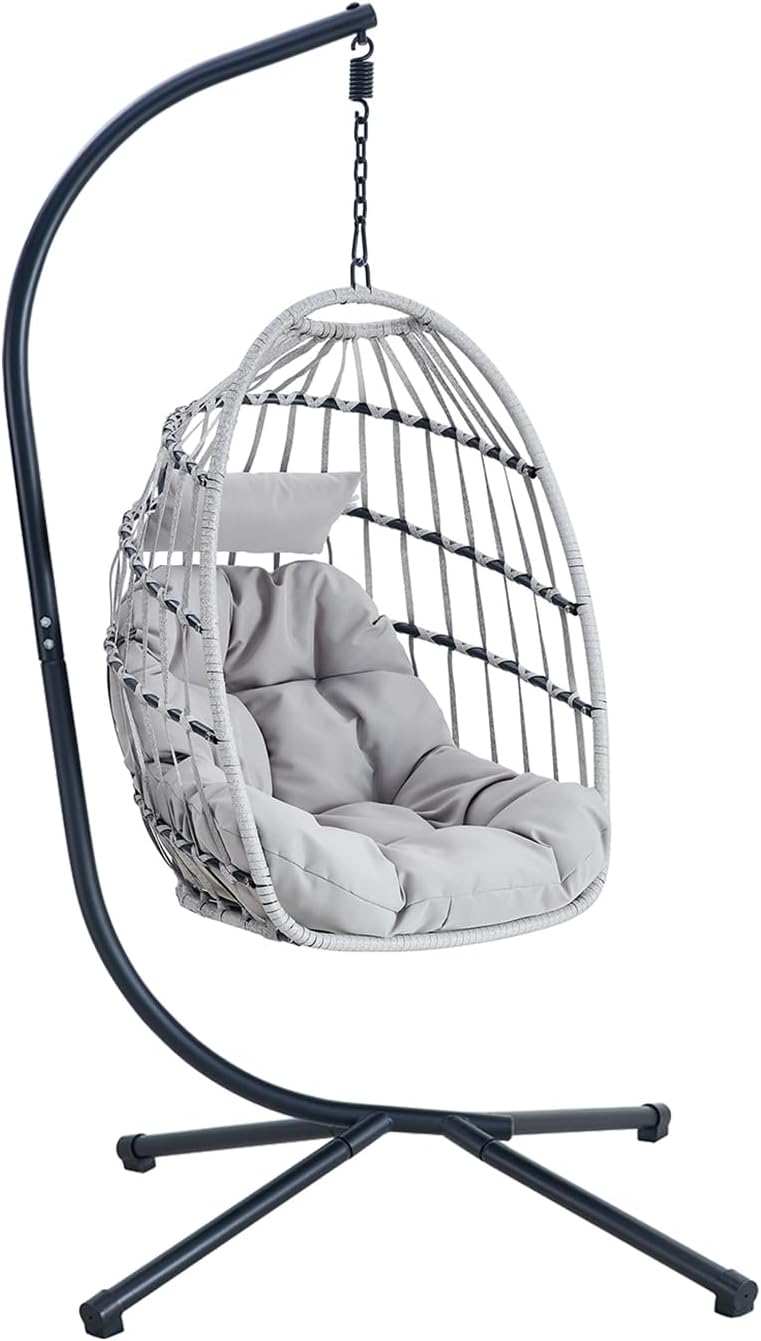 CFMAIF Sedia a Uovo Sospesa con Supporto - Struttura in Metallo e Rattan PE - Poltrona da Esterno - Grigio Chiaro per Giardino e Zona Relax