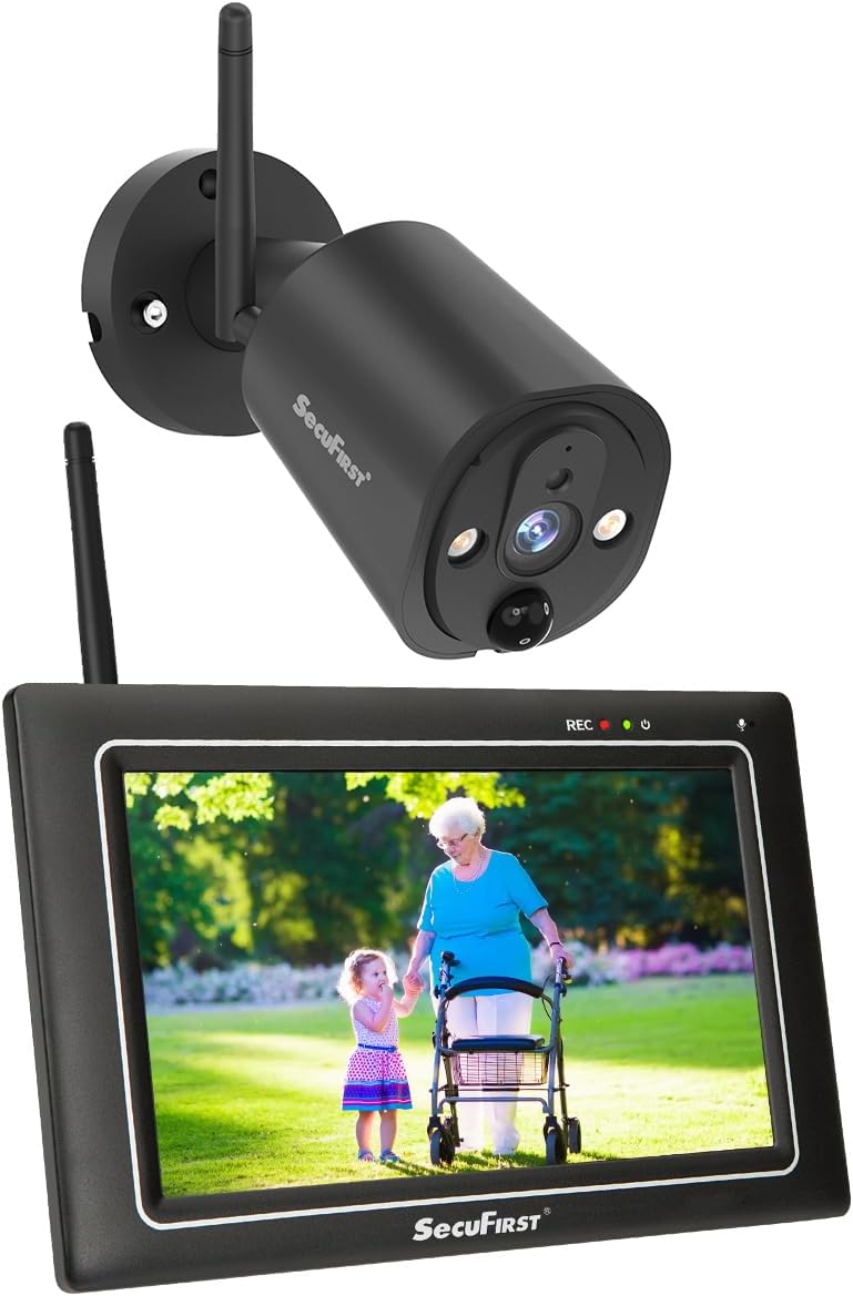 SecuFirst Kit videosorveglianza 2K da esterno - Monitor touch screen 7 pollici senza WiFi - Telecamere wireless con memoria 64 GB - Sistema senza costo di abbonamento