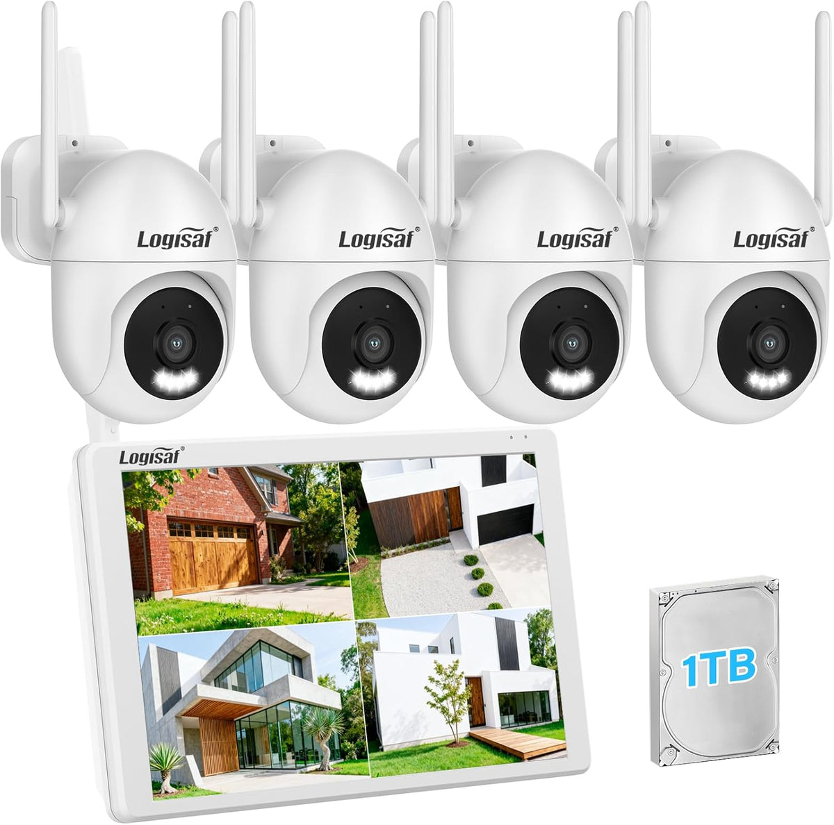 Kit videosorveglianza WiFi PTZ 5MP - Monitor 10 pollici e NVR 10 canali con 4 telecamere - Visione notturna a colori e audio bidirezionale - Auto tracking e rilevamento umano