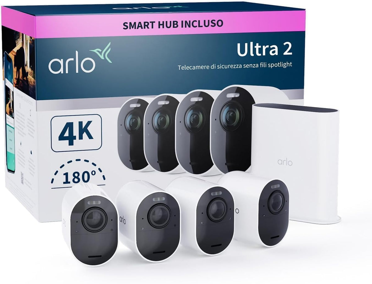 Arlo Ultra 2 Kit 4 Telecamere WiFi 4K UHD - Uso Interno Esterno con Sensore Movimento - Sirena e Audio Bidirezionale - Sistema Wireless Bianco con Arlo Secure