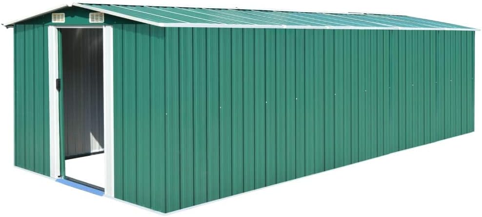 Casetta da Giardino Gecheer in Metallo - Capanno Porta Attrezzi con Doppia Porta Scorrevole - Struttura in Acciaio Zincato Verde 257x181x181 cm