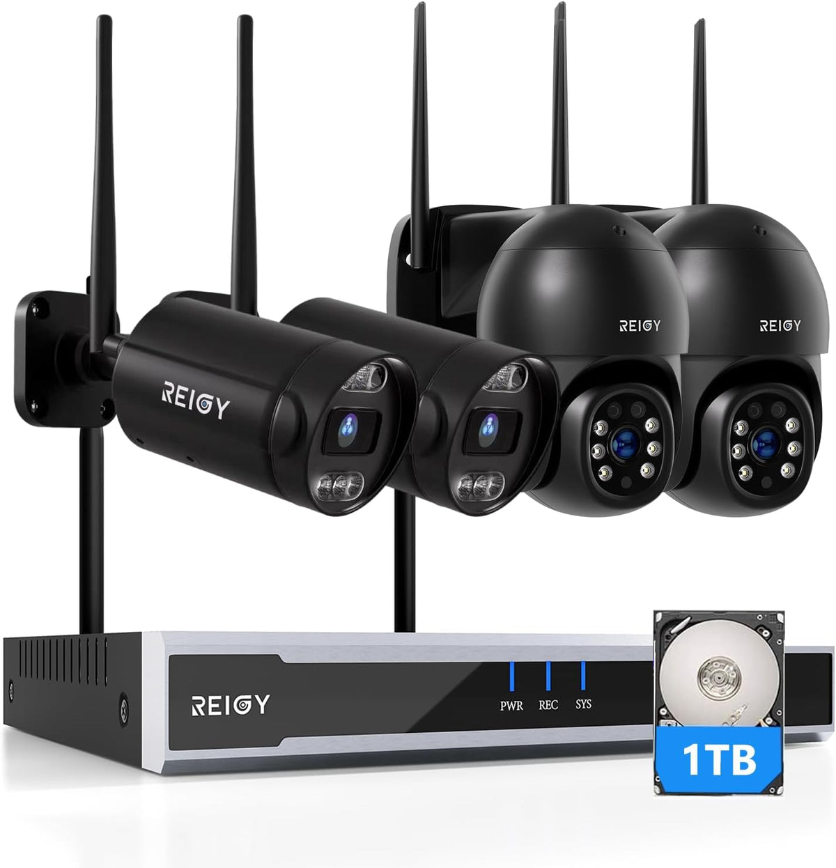 REIGY Kit videosorveglianza WiFi 4K - NVR 16 canali con HDD 1 TB - 4 telecamere 3840 x 2160 con sirena - Controllo remoto per sicurezza esterna