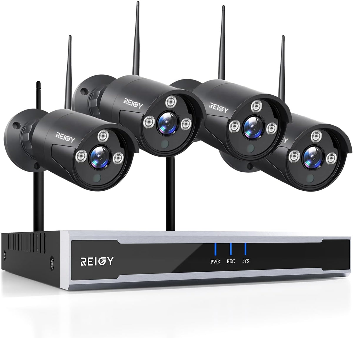 REIGY Kit Videosorveglianza 3 MP - 4 Telecamere 1296P con Registrazione Audio - NVR 16 Canali senza HDD - Visione Notturna per Sistema Esterno Cablato e Wireless