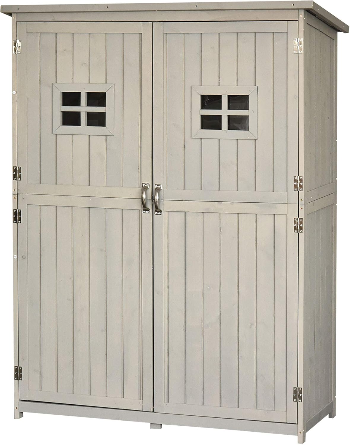 Outsunny Casetta da giardino in legno di abete - Doppia porta con mensole e finestre - Capanno attrezzi grigio chiaro - Dimensioni 127,5 x 50 x 164 cm