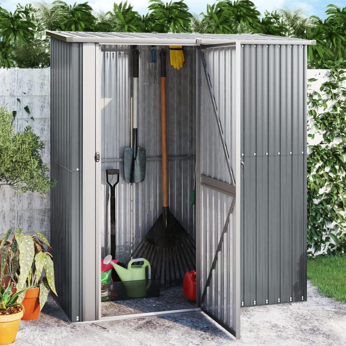 Gecheer Casetta da giardino porta attrezzi - Struttura in acciaio grigio - Design moderno per deposito esterno - Dimensioni 180,5 x 97 x 209,5 cm