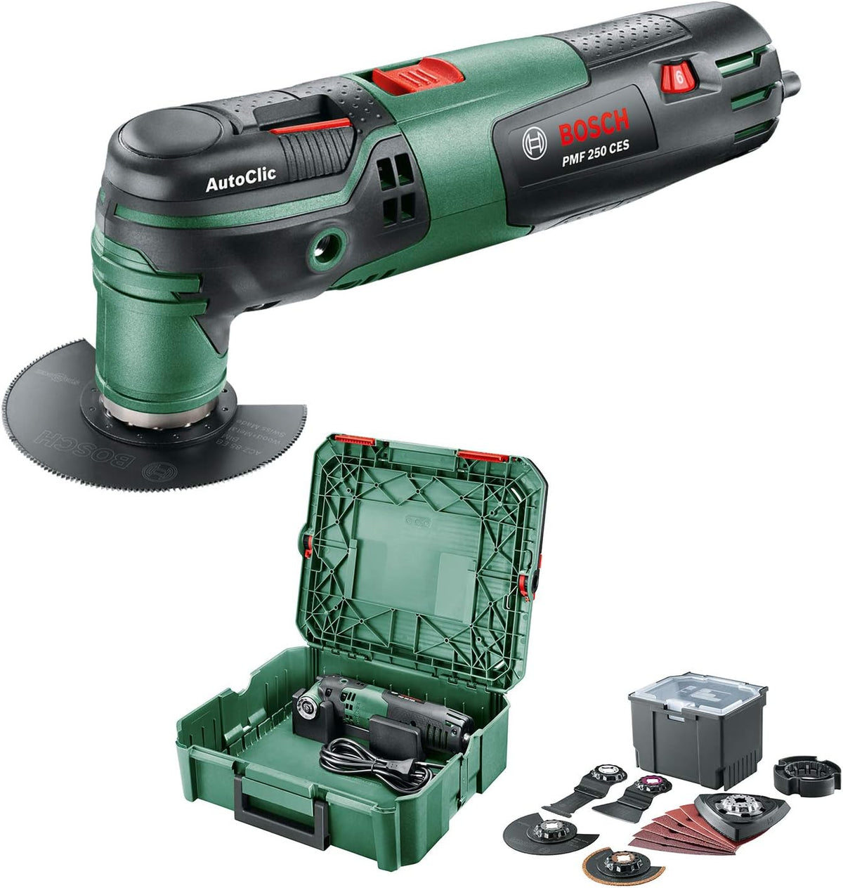 Bosch Home and Garden PMF 250 CES Multiutensile - Motore 250 W con Alimentazione 230 V - Per Raschiatura Smerigliatura e Taglio - Set Accessori in SystemBox Taglia S