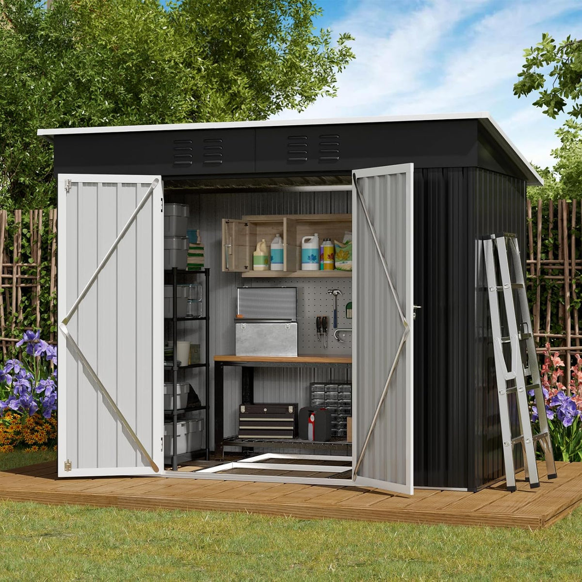 Amopatio Casetta da giardino in metallo - Struttura nera con copertura zincata - Porta e cornice per deposito esterno - Tetto spiovente 228 x 109 x 182 cm