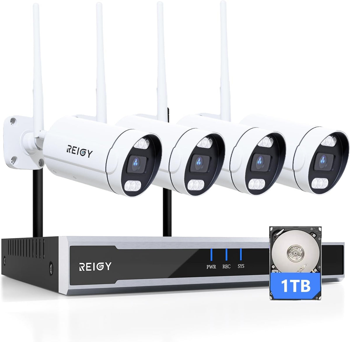 REIGY Kit videosorveglianza WiFi 5MP - NVR 16 canali con HDD 1 TB e 4 telecamere 1920P - IP66 e visione notturna a colori - Audio bidirezionale sirena e controllo app