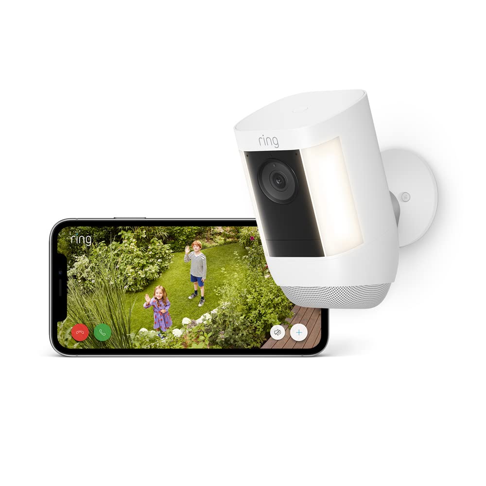 Ring Spotlight Cam Pro Battery Telecamera di sicurezza 2K - Rilevamento movimento 3D e vista dall alto - Faretto e visione notturna a colori - Batteria ricaricabile e WiFi dual band