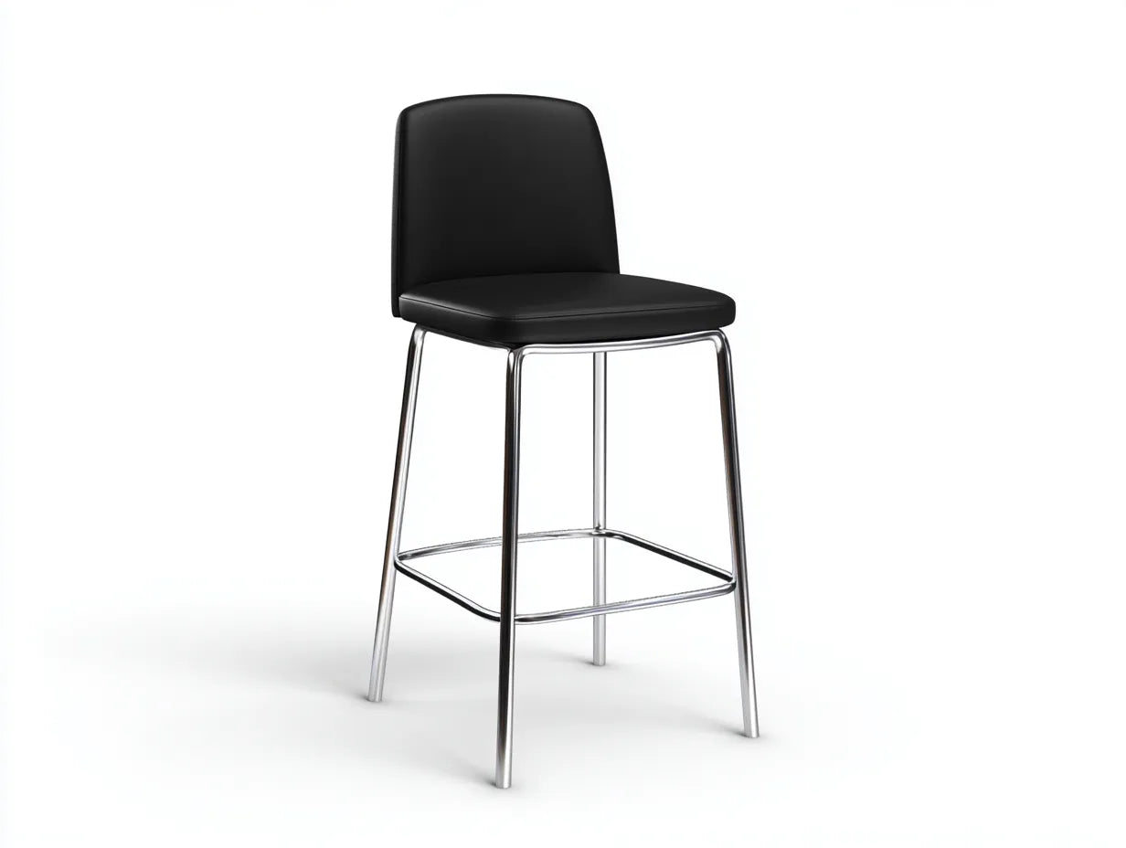 Sgabello da bar con schienale imbottito e struttura in metallo cromato 47 x 50 x 101 cm - nero e cromo lucido - per sala da pranzo e penisola - stile moderno essenziale