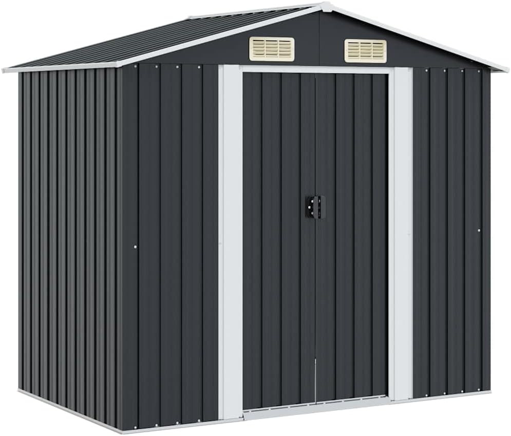 vidaXL Casetta da giardino ventilata - Capanno in metallo antracite - Ingresso scorrevole robusto per attrezzi - Dimensioni 204 x 132 x 186 cm stile contemporaneo