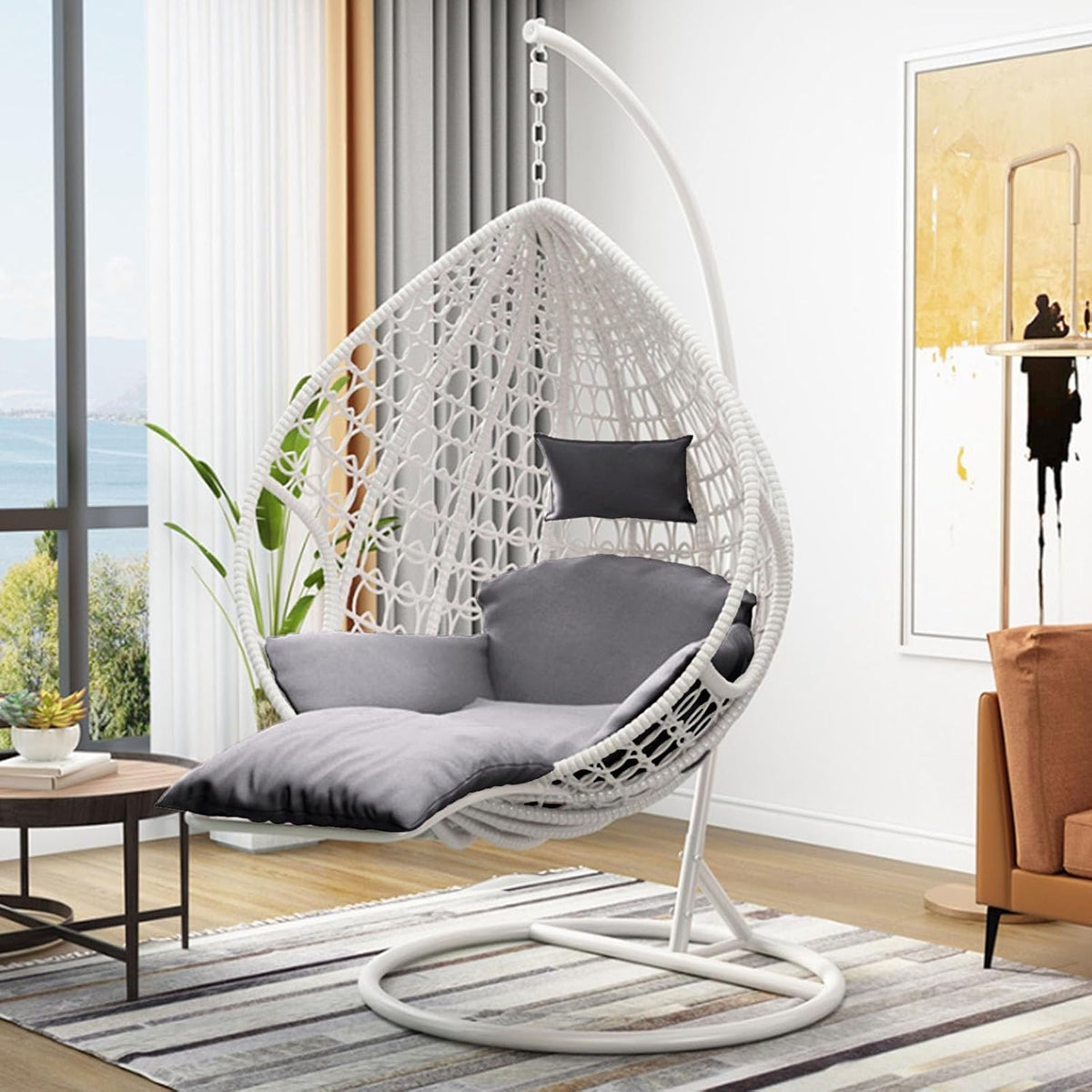 Sedia a Uovo Sospesa con Supporto - Rattan Sintetico e Tubo in Acciaio - Seduta Imbottita a Dondolo - Grigio Chiaro per Patio Giardino Balcone