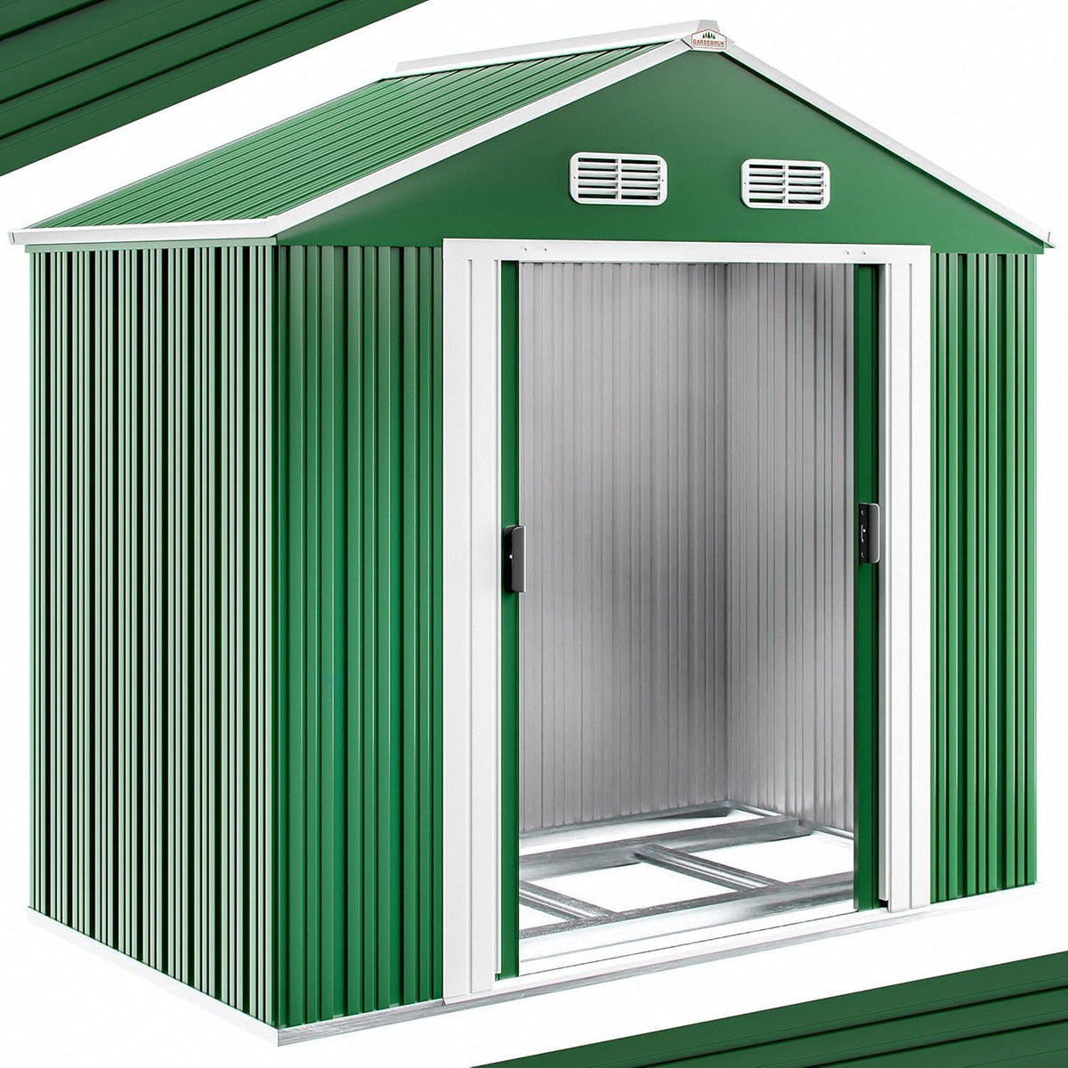 Deuba Casetta da giardino XL 1,8 m2 - Capanno in metallo verde con fondamenta - Porta scorrevole e volume 3,1 m3 - Dimensioni 196 x 132 x 188 cm