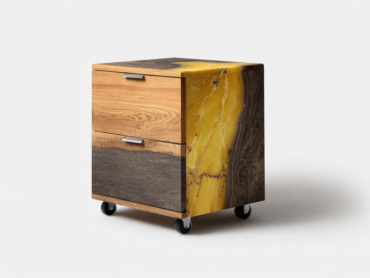 Cassettiera ufficio con 2 cassetti e ruote in effetto legno e pietra ambrata 46 x 51 x 64 cm - rovere caldo e marrone ambrato - per studio e ufficio - stile moderno materico