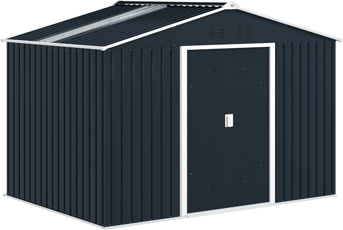 Outsunny Casetta da giardino 5 m2 - Acciaio zincato grigio scuro con kit fondazione - Doppia porta scorrevole bloccabile e prese d aria - Tetto inclinato porta attrezzi
