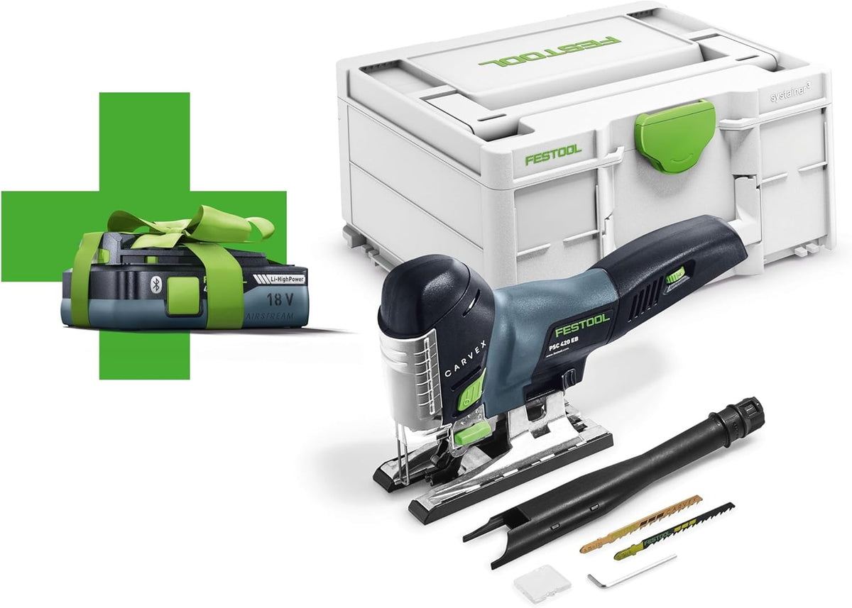 Festool CARVEX PSC 420 EB Seghetto Alternativo a Batteria - Lama in Lega di Acciaio per Lavorazione del Legno - Struttura Cordless Professionale - Versione Basic 4,0