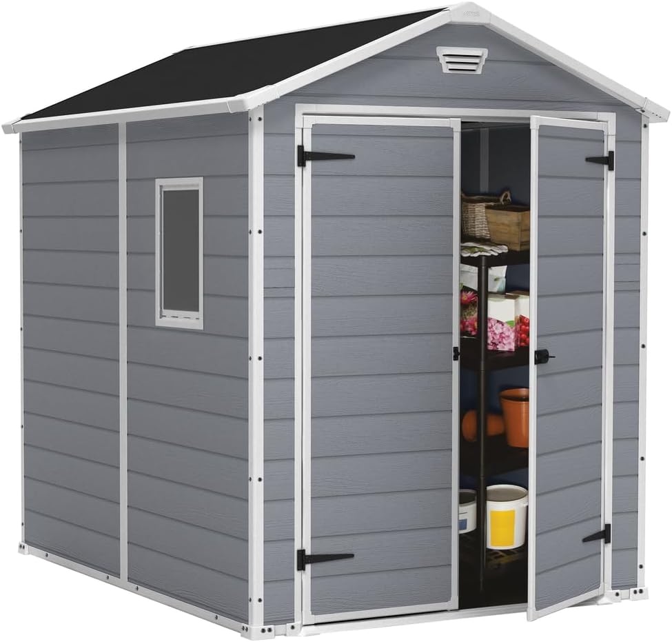 Casetta da Giardino Keter Manor 6x8 - Capanno Porta Attrezzi in Resina Effetto Legno - Struttura Resistente agli Agenti Atmosferici 237x185,8x227 cm Grigio