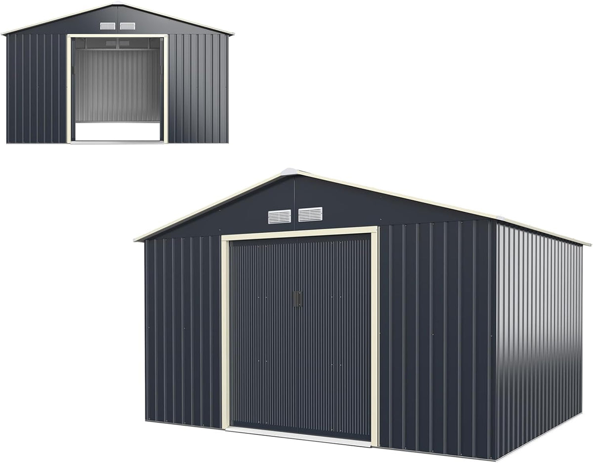 Casetta da Giardino HOMASIS - Capanno Porta Attrezzi in Lamiera d'Acciaio - Doppie Porte Scorrevoli e Tetto a Falde con Finestre di Ventilazione 340x255x210 cm Grigio