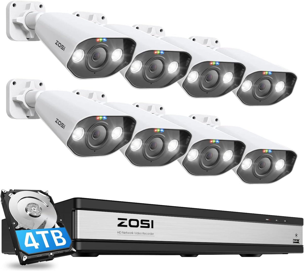 ZOSI C182 Kit videosorveglianza PoE 5MP - NVR 4K 16 canali con HDD 4 TB e 8 telecamere - AI persone veicoli e visione notturna a colori - Audio bidirezionale impermeabile