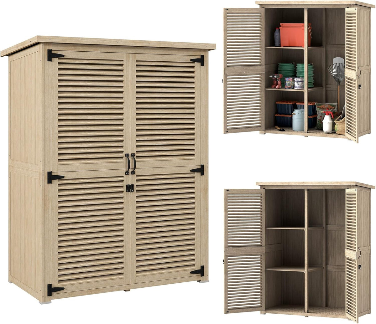 Armadio da Giardino Outsunny in Legno di Abete - Porta Attrezzi con 2 Ripiani e Tetto in Asfalto Impermeabile - Mobile Esterno 127x65x168 cm Beige