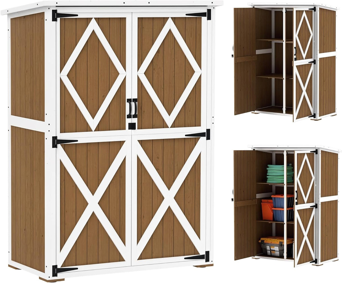 Casetta da Giardino Outsunny in Abete - Armadio Porta Attrezzi con 2 Ripiani e Tetto in Bitume - Struttura Esterna con Piedi Regolabili 116,5x57x167 cm Marrone