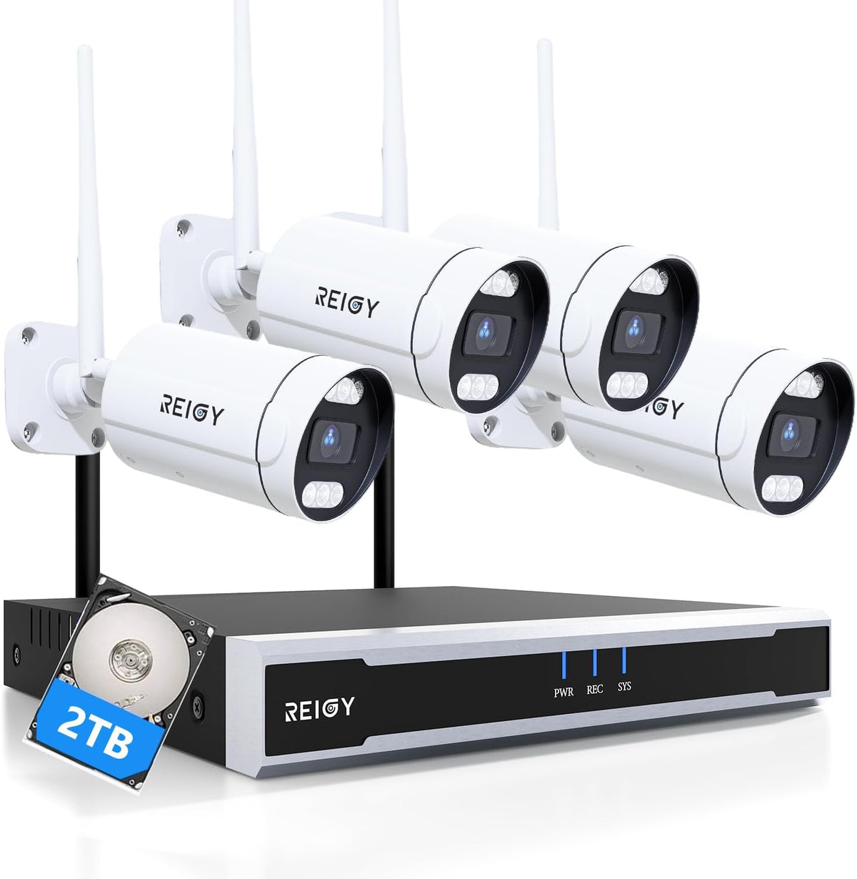 REIGY Kit videosorveglianza WiFi 4K - NVR 16 canali con HDD 2 TB - 4 telecamere 2160P IP66 - Audio bidirezionale sirena e visione notturna a colori